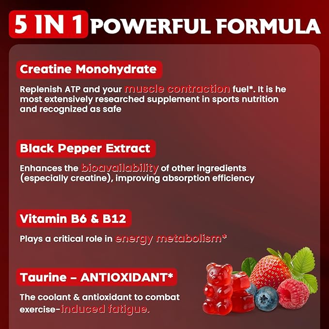 Creatine Monohydrate Gummies for Women & Men, Taurine & B6, Chewable Creatina Pre Workout Gummies for Max Strength & Muscle Growth, Energy, Endurance, Creatine for Men & Women - 1 Pack