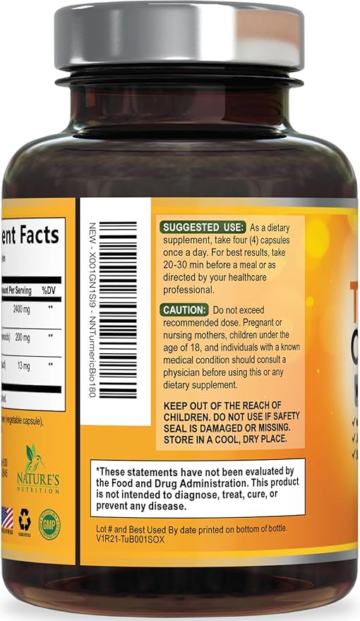 Turmeric Curcumin Supplement - 2400mg Organic Turmeric Per Serving - 95% Curcuminoids & BioPerine Black Pepper Extract for Best Absorption - Natural Vegan Joint Support, Bottled in USA - 180 Capsules