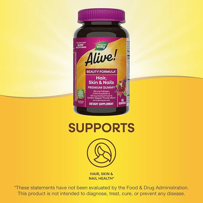 Nature's Way Alive! Hair, Skin & Nails Premium Gummies, Beauty Formula*, with Collagen, Biotin, Vitamins C & E, Strawberry Flavored, 60 Gummies