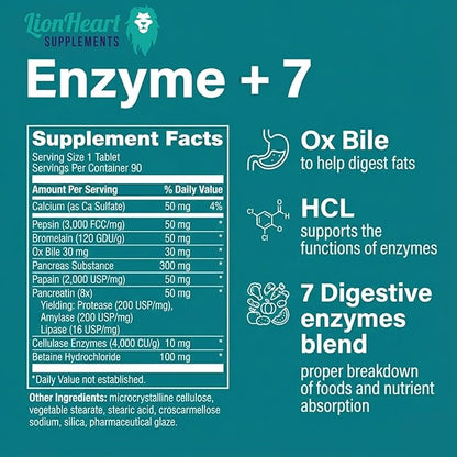 Digestive Enzymes Supplement with Ox Bile Salts 30mg - Betaine HCl 100mg - Supports Digestion, Gas & Bloating - Gallbladder Support (No Gallbladder) - Doctor Formulated - For Men & Women - 90 Tablet