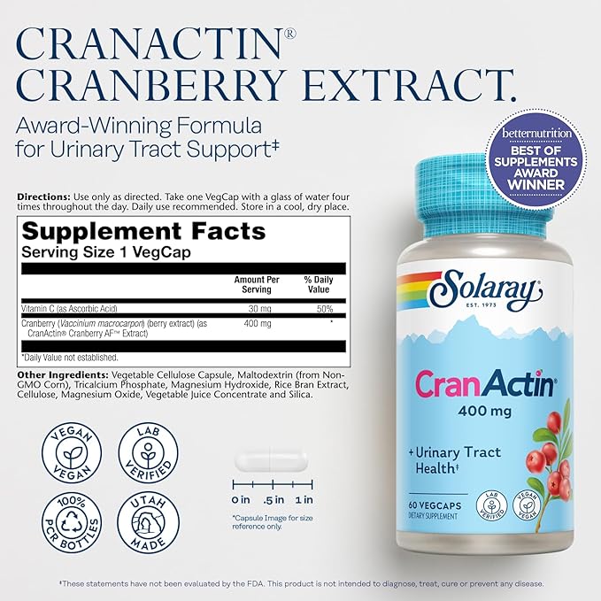 SOLARAY CranActin Cranberry Extract 400 mg - Cranberry Supplements for Women and Men - Bladder and Urinary Tract Health Support with Vitamin C - Vegan, 60-Day Guarantee (60 CT)