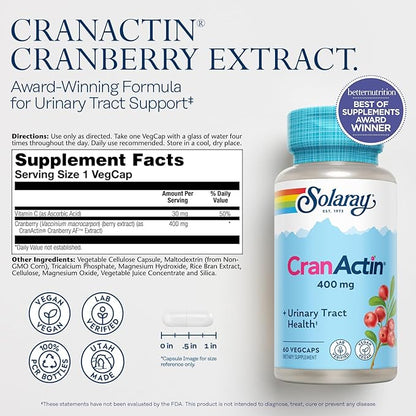 SOLARAY CranActin Cranberry Extract 400 mg - Cranberry Supplements for Women and Men - Bladder and Urinary Tract Health Support with Vitamin C - Vegan, 60-Day Guarantee (60 CT)
