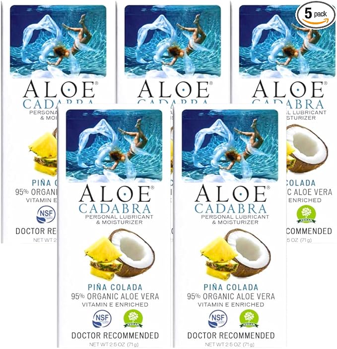 Aloe Cadabra Flavored Personal Lubricant and Vaginal Moisturizer, Organic Edible Aloe Lube for Men, Women and Couples, Non-Staining, pH Balanced, Toy Compatible (Pina Colada, 2.5 Ounces, 5 Pack)