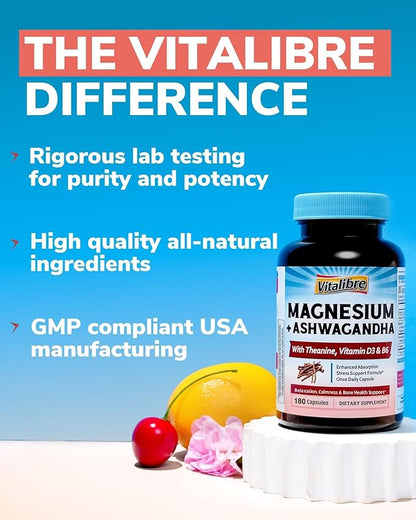 Magnesium Complex with Ashwagandha & L-Theanine - Stress Relief, Bone & Relaxation Support - w/Vitamin D3, B6 - Glycinate, Citrate, Malate, Taurate - 90 Vegan Capsules, Non-GMO, Gluten Free