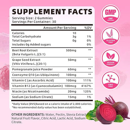 Beet Root Gummies for Women & Men, Beetroot Supplement Beet Chews with Vitamins Grape Seed for Antioxidant Supoort & Immune Health, Sugar-Free/Vegan/Organic,Raspberry Flavor 60 Count