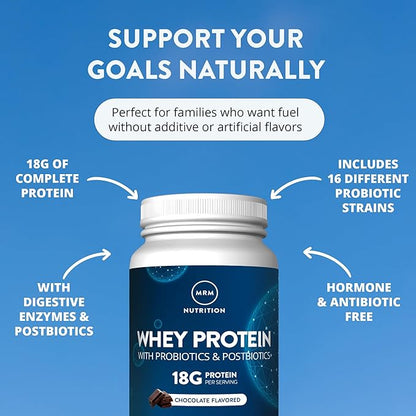 MRM Nutrition Whey Protein - Chocolate Flavored, Microfiltered Whey Protein Isolate & Concentrate, 16 Different Probiotic Strains, BCAAs, & Digestive Enzymes, Gluten Free, for Women & Men - 33 Servings