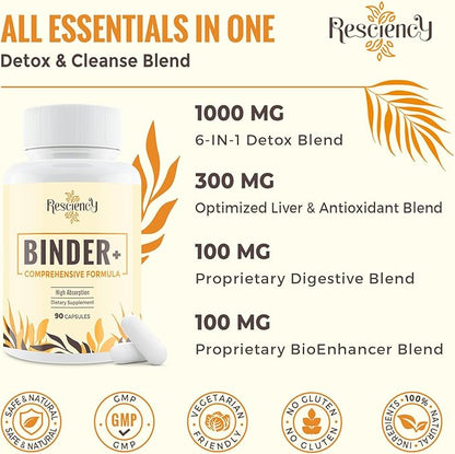 Resciency Detox Binder Supplement – Activated Charcoal, Zeolite, Bentonite Clay, Milk Thistle, Proprietary Blends - Liver & Gut, Max Absorption, 270 Vegan Capsules