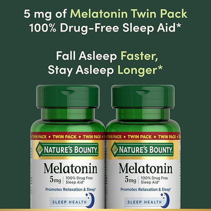Nature's Bounty Melatonin 5mg, 100% Drug Free Sleep Aid, Dietary Supplement for Relaxation and Sleep Health - 4 Month Supply, 60 Rapid Release Softgels Twin Pack (120ct)
