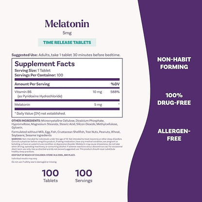 Natrol Melatonin 5 mg Time Release, Dietary Supplement to Minimize Wake Ups, Nighttime Sleep Aid, 100 Tablets, Up to a 100 Day Supply