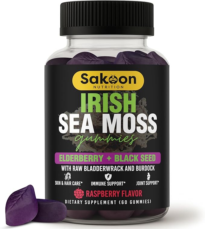 Sakoon nutrition Irish Sea Moss Gummies with Elderberry & Black Seed Oil - Overall Wellness Support | Rich in Vitamins, Raspberry Flavor | 60 Gummies