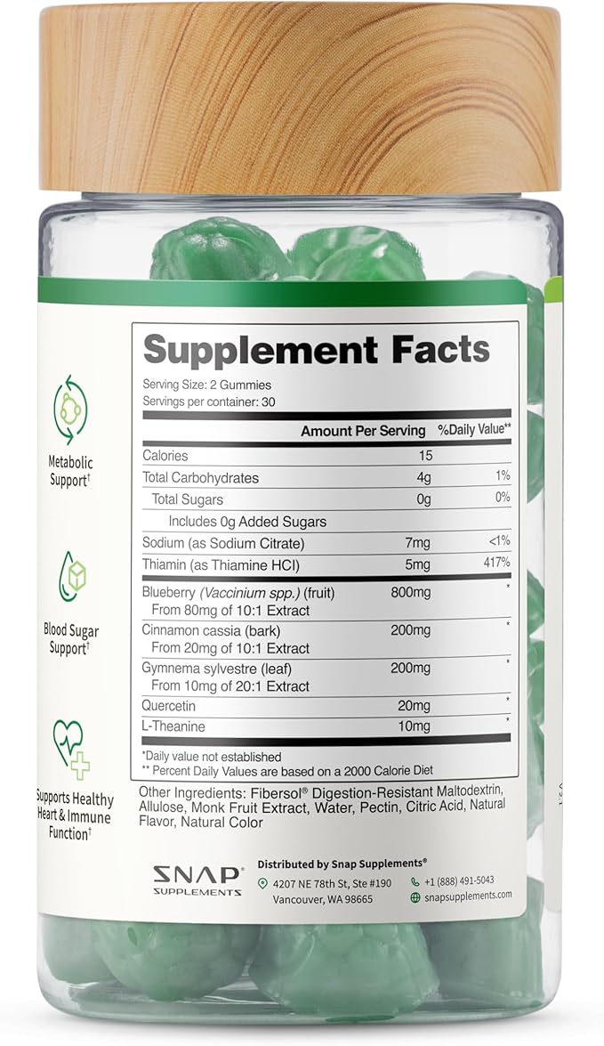 Snap Supplements Blood Sugar Gummies, Support Already Healthy Blood Sugar Levels, Cinnamon Bark and Blueberry Fruit Extract, Green Apple Flavor, 60 Gummies