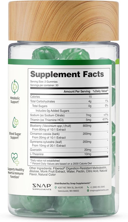 Snap Supplements Blood Sugar Gummies, Support Already Healthy Blood Sugar Levels, Cinnamon Bark and Blueberry Fruit Extract, Green Apple Flavor, 60 Gummies