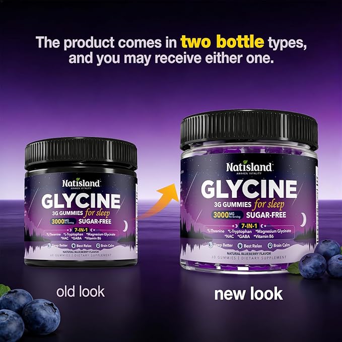 Glycine Gummies for Sleep, Glycine 3g Supplements with NAC, Magnesium Glycinate, L-Theanine, GABA, L Tryptophan, B6 for Relax, Nerve & Brain, Melatonin Free, Sugar Free, Vegan, Blueberry Flavor, 60 Ct
