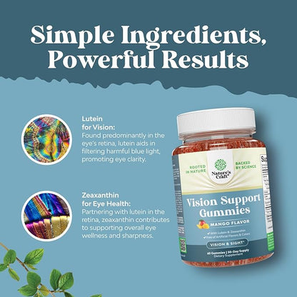 Vision Support Gummies for Adults - Lutein and Zeaxanthin Supplements for Eye Health - Potent Lutein Eye Vitamins for Blue Light Protection Dryness Strain Support & Visual Sharpness - 60 Count