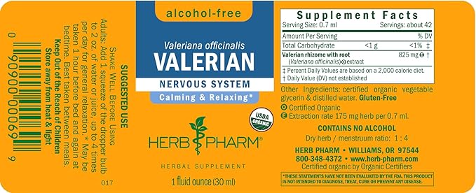 Herb Pharm Organic Valerian Root Liquid Extract, Alcohol-Free: Sleep & Relaxing, Calming Nighttime Sleep Support Supplement, Sugar-Free Herbal Supplement, 1 Oz