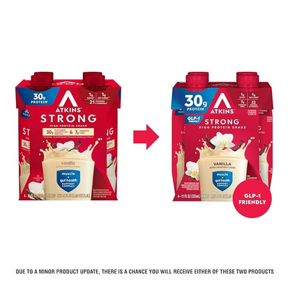 Atkins Strong High Protein Shake,Vanilla Flavored,30g Protein,Low Carb and Low Sugar Shake,Keto Friendly,Gluten Free,Muscle and Gut Health Support Complex,(Pack of 24)