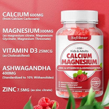 softbear Calcium Magnesium Zinc Gummies for Adult & Kids, Suagr-Free Calcium Magnesium Zinc D3 Supplement for Bone Strength & Immune Health, Raspberry Flavor 120 Count