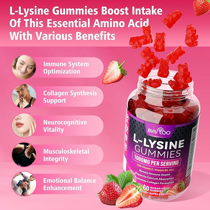 L-Lysine 1000mg Gummies for Immune Support & Skin Health - High Potency Vegan Gummies, Sugar-Free, Natural Berry Flavor, Gluten-Free Chewable Supplement for Adults & Kids - 60 Gummiess