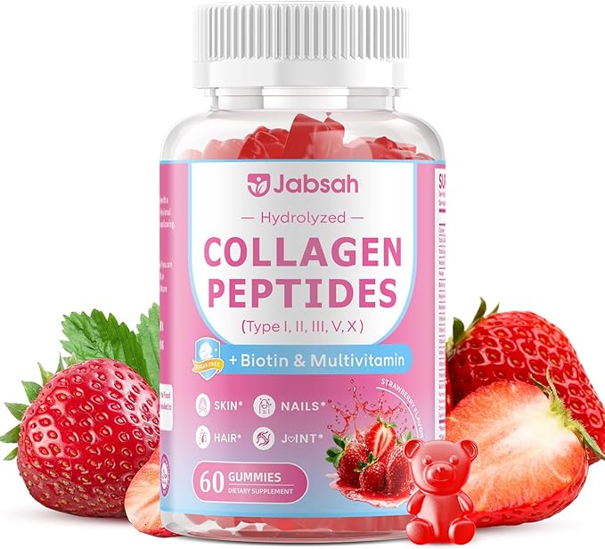 Collagen Gummies for Women & Men, Hydrolyzed Collagen Peptides (Type I, II, III, V, X) with Biotin, Hyaluronic Acid, MultiVitamins, Supports Healthy Skin, Thick Hair &Strong Nails, Sugar Free, 60Cts