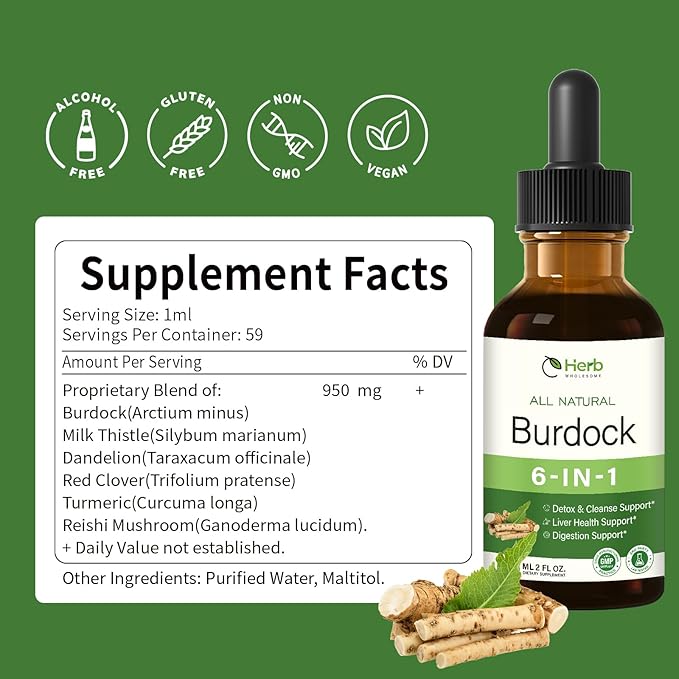 Burdock Root Extract Drops for Liver Health, 6-in-1 Herbal Supplement for Detox & Cleanse & Digestion Support Blend w/Milk Thistle Turmeric Red Clover. 2oz