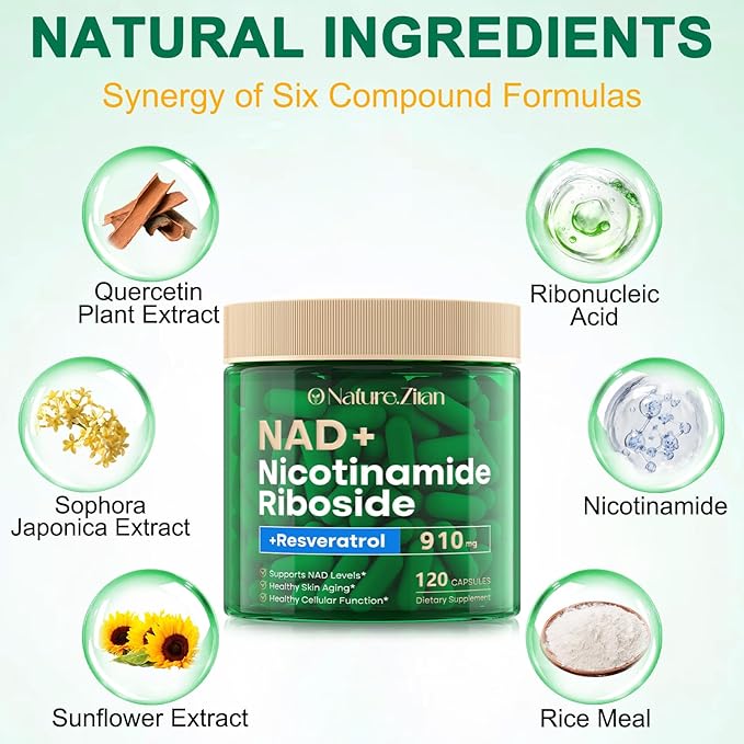 NAD Supplement - NAD+ Nicotinamide Riboside 910 Mg Supplement for Women & Men, Liposomal Nicotinamide Riboside with Resveratrol, for Focus, Boost - 120 Capsules (120 Count (Pack of 1))