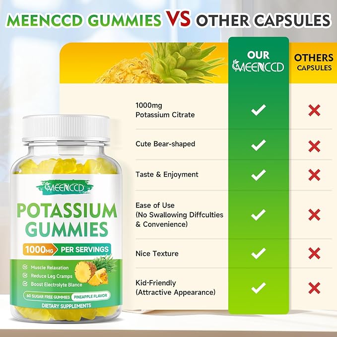 Potassium Citrate Gummies 1000mg, High Potency Potassium Supplement Gummies for Adults Women & Men, Support Muscle Health, Sugar-Free, Pineapple Flavor, 60 Count