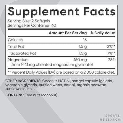 Sports Research® Magnesium Glycinate - Suports Restful Sleep & Enzymatic Processes - 160 mg Chelated Magnesium - Liquid Softgel - 120 Count