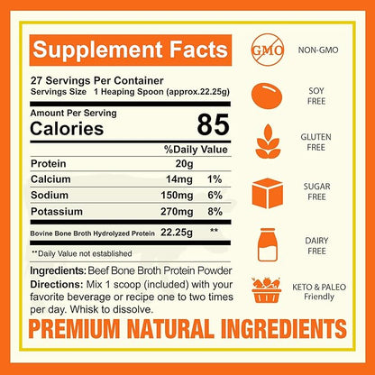 Zammex Pure Grass Fed Beef Bone Broth Protein Powder, 20g Protein, Hydrolyzed Collagen Supplement for Healthy Skin, Nails, Hair, Joints, Non-GMO, Gluten Free, Paleo & Keto Friendly, Great in Soup
