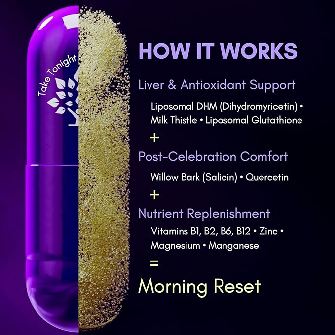 purple tree Post-Celebration Wellness Supplement for Liver Support & Hydration | Liposomal Dihydromyricetin (DHM), L-Glutathione, Milk Thistle, B Vitamins, Minerals, Willow Bark | 30 Capsules