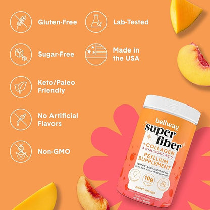 Bellway Super Fiber Powder + Collagen, Sugar-Free Psyllium Husk Powder with Collagen Peptides and Hyaluronic Acid for Digestive Health, Healthy Skin, Nails, Bones & Joints, Peach Mango (20 Servings)
