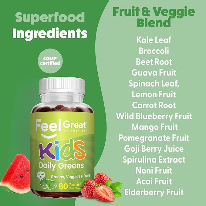 Feel Great Super Green Gummies for Kids | Fruit and Vegetable Gummies | Vegan Veggie Gummy Multivitamin for Kids | Veggie Fiber Supplement | 60 Count