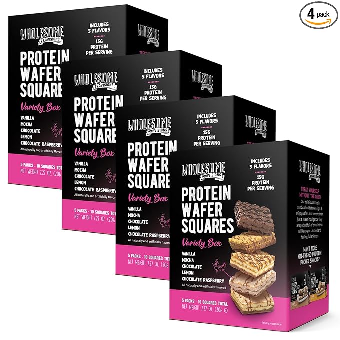 Protein Wafer Squares, Value Variety Pack, 15g Protein, Low in Sugar, 10 Squares Total, Light and Crispy, Includes Vanilla, Mocha, Chocolate, Lemon, Chocolate Raspberry (Variety, 4 Pack)