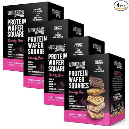 Protein Wafer Squares, Value Variety Pack, 15g Protein, Low in Sugar, 10 Squares Total, Light and Crispy, Includes Vanilla, Mocha, Chocolate, Lemon, Chocolate Raspberry (Variety, 4 Pack)