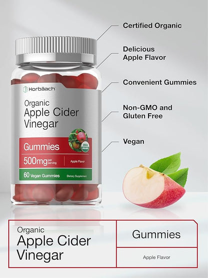 Horbäach Organic Apple Cider Vinegar Gummies | 60 Gummies | Vegan, Non-GMO & Gluten-Free Supplement | USDA Organic ACV | Apple Flavor
