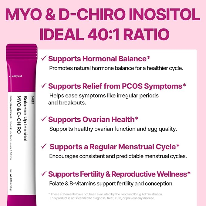 Balance Up Inositol 40:1 Myo & D-Chiro with Folate(Vitamin B9) & Choline – Hormone Balance & Reproductive Health Support for Women – Lemon Lime Stick Powder, 30 Servings