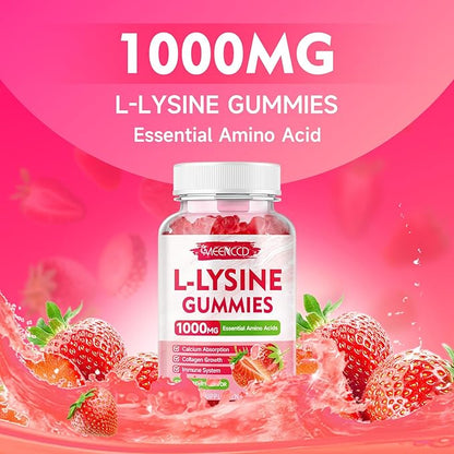 L-Lysine 1000mg Gummies, Lysine Supplement for Adults & Kids, Essential Amino Acid Supplement for Oral & Lips Health, Boost Immune & Calcium & Collagen, Sugar-Free, Strawberry Flavor, 60 Count