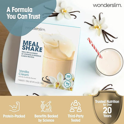WonderSlim Meal Replacement Shake, Vanilla Cream, 15g Protein, 24 Vitamins & Minerals, Gluten Free (7ct)
