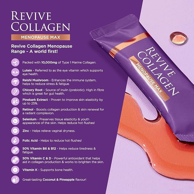 Revive Collagen Menopause Max — Hydrolyzed Marine Collagen Drink for Women, 10,000MG, Lutein, Reishi Mushroom, Vitamin B6, B12, C & D, for Skin & Eye Wellness, Pineapple & Coconut Flavour — 28 Sachets