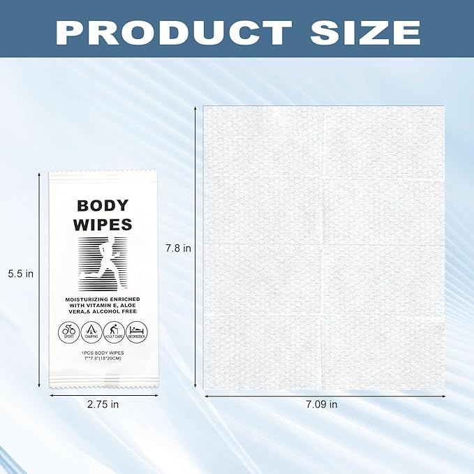 twoworld Body Wipes for Women and Men, Individually Wrapped Face and Body Wipes, No Rinse Personal Cleansing Wipes, Travel Size, 50 Count