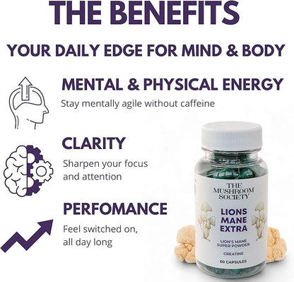 Lion’s Mane Extra Supplement - 1000 mg Lion’s Mane + 1000 mg Creatine – Mental & Physical Energy, Clarity & Performance - 120 Vegan Capsules