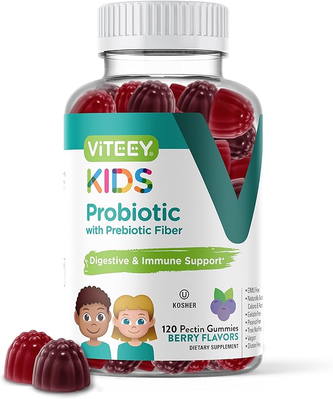 Viteey Probiotic Gummies for Kids Plus Prebiotics Fiber - 2 Billion CFUs - Digestive Health,Gut Health, Constipation Relief for Kids Support - Vegan, Gelatin Free - Chewable Probiotic Berry Flavored