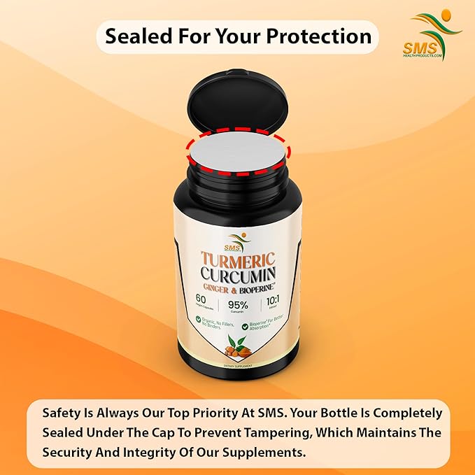 Turmeric Curcumin with Ginger, BioPerine Black Pepper, 95% Curcuminoids, Natural Joint & Healthly Inflammatory Support, Antioxidant Tumeric Supplement, 60 Veggie Capsules, Made in USA, by SMS