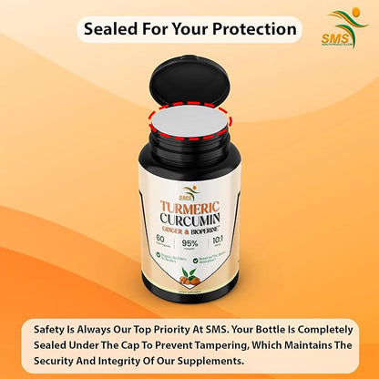 Turmeric Curcumin with Ginger, BioPerine Black Pepper, 95% Curcuminoids, Natural Joint & Healthly Inflammatory Support, Antioxidant Tumeric Supplement, 60 Veggie Capsules, Made in USA, by SMS