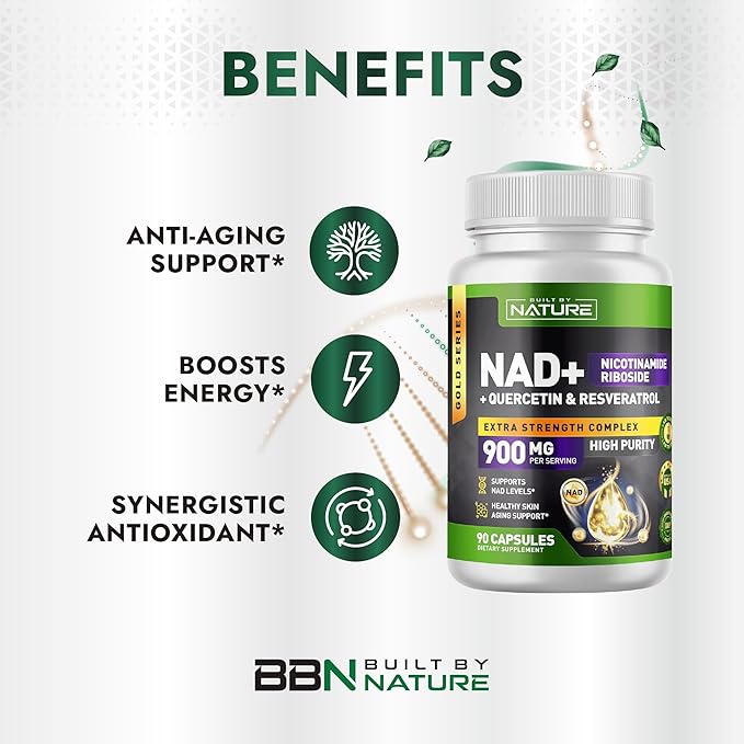 Built by Nature NAD Supplement – NAD+ Supplement with Nicotinamide Riboside 500mg, Quercetin & Trans-Resveratrol – NAD Plus/NR Supplement – NAD Resveratrol Supplement for Women & Men – 90 Capsules