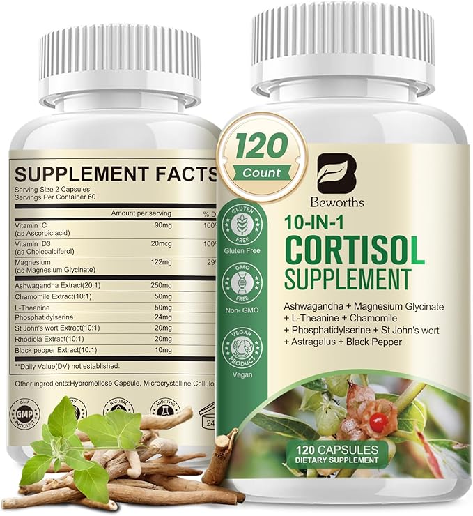 Cortisol Supplements for Women Men, 10-in-1 Cortisol Detox with Ashwagandha, Magnesium, L-Theanine, Balanced Cortisol Levels, Night & Calm Support, 120 Vegan Capsules