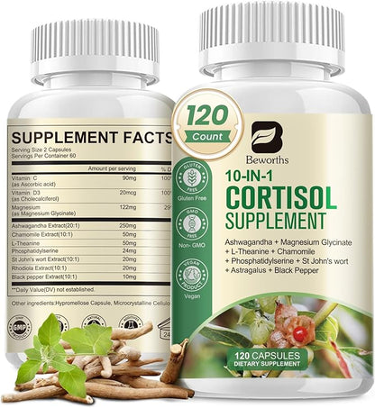 Cortisol Supplements for Women Men, 10-in-1 Cortisol Detox with Ashwagandha, Magnesium, L-Theanine, Balanced Cortisol Levels, Night & Calm Support, 120 Vegan Capsules