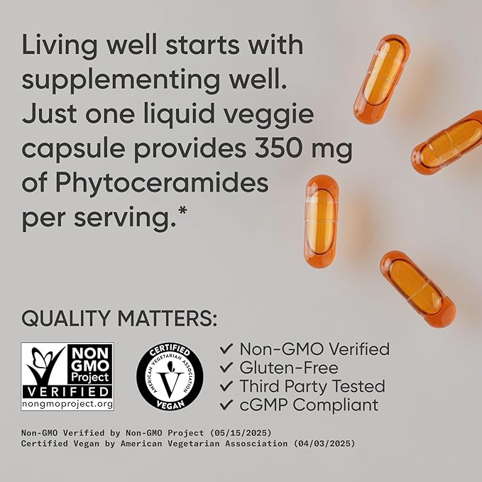 Sports Research® Phytoceramides 350 mg per Veggie Capsule - Plant Derived Ceramides for Healthy Skin and Hydration - Made with Ceratiq® · Non-GMO · Vegan Friendly - 60 Count