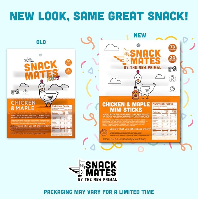 The New Primal Snack Mates Chicken & Maple Sticks, Gluten Free Healthy Snacks for Kids, Low Sugar High Protein Back to School Snacks, Mini Paleo Jerky Meat Stick, 7g Protein, 50 Calories, 40 Pack