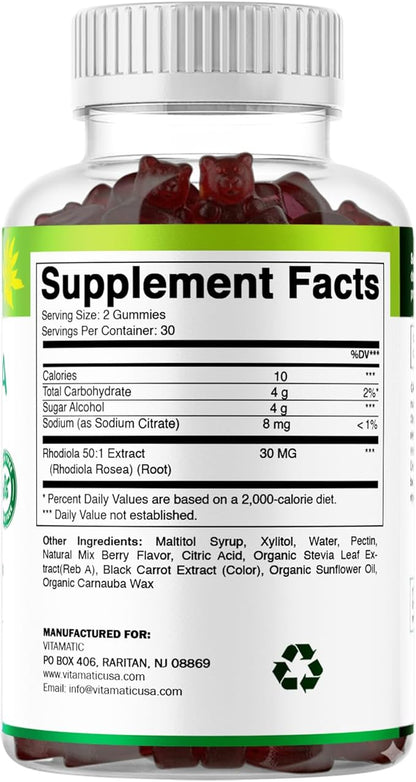 Vitamatic Rhodiola Rosea Gummies – Sugar-Free Plant-Based Extract – Mixed Berry Flavor – Vegan, Non-GMO – Adaptogen Supplement Gummies – 60 Count