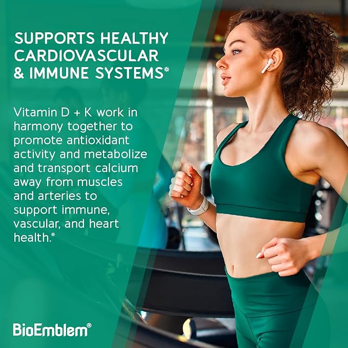 BioEmblem Vitamin D3 K2 Capsules (5000IU and 200mcg) - Patented MK7 and MK4 for 3-in-1 Complex Support - Vegetarian Vitamin D K2 Supplement for Teeth, Heart, Immune System - Non-GMO, 90 Caps
